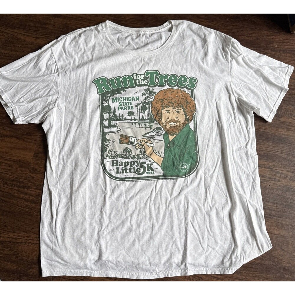 Bob Ross Mens T-Shirt 2XL Run For The Trees Happy Little 5K Michigan State Parks